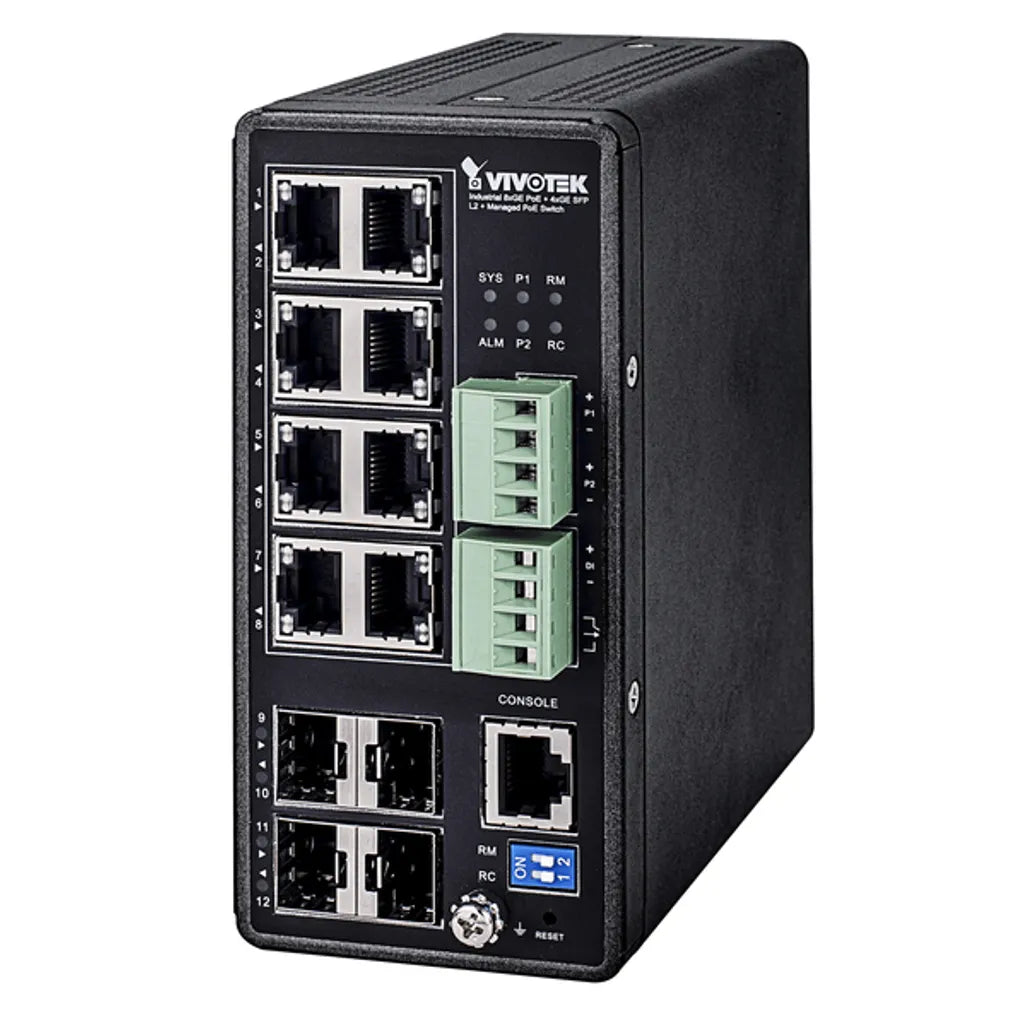 VIVOTEK L2+ Managed POE Industrial Switch; 8x POE+; 4x SFP; 240W; 48VDC PSU required