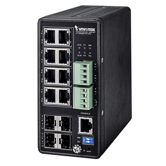 VIVOTEK L2+ Managed POE Industrial Switch; 8x POE+; 4x SFP; 240W; 48VDC PSU required