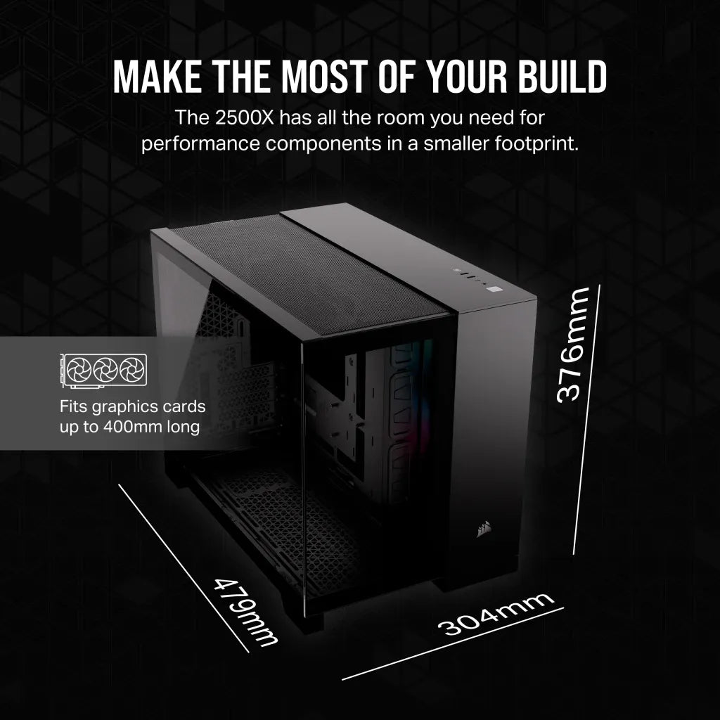 2500X RGB Micro ATX Black Dual Chamber PC Case; 2x 3.5'' |  2x 2.5'' Drive Bays; Up to 360mm Radiator; 2x 120mm fan incl