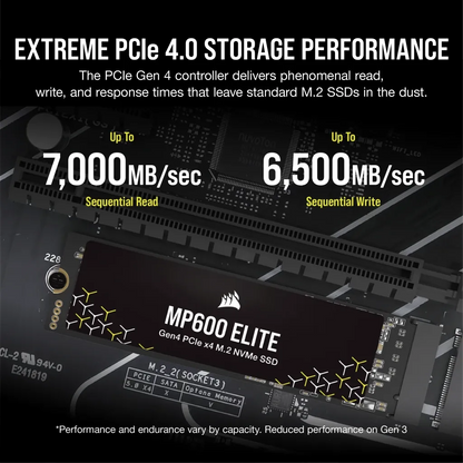 Corsair MP600 ELITE 2TB Gen4 PCIe x4 NVMe M.2 SSD (no heatsink); Read Up To 7000MB/s; Write up to 6500MB/s