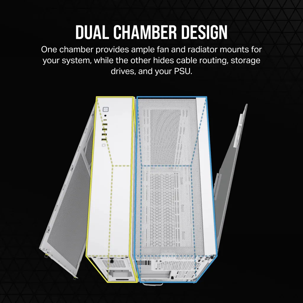 6500D Airflow White Tempered Glass Mid-Tower; 2x 3.5'' |  2x 2.5'' Drive Bays; Up to 360mm Radiator compatible