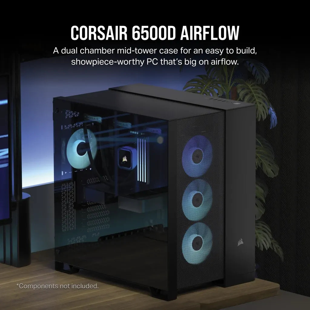 6500D Airflow Black Tempered Glass Mid-Tower; 2x 3.5'' |  2x 2.5'' Drive Bays; Up to 360mm Radiator compatible