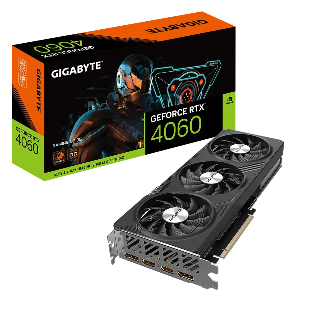 GIGABYTE nVidia GeForce RTX 4060 Gaming OC - 8GB GDDR6; 128-Bit Memory Bus; 2x HDMI; 2x DisplayPort; Min 450W PSU.