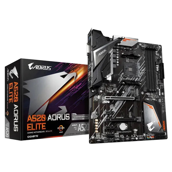 GIGABYTE Aorus AMD A520 Elite Chipset for 3rd Gen AMD Ryzen™ Processors; 4x Dual DDR4; 1x M2; DVI-D/HDMI; ATX.