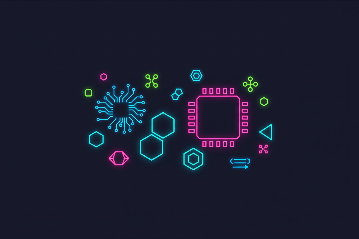 simplistic, neon design that contains technology related shapes. Dark background, neon color scheme. 